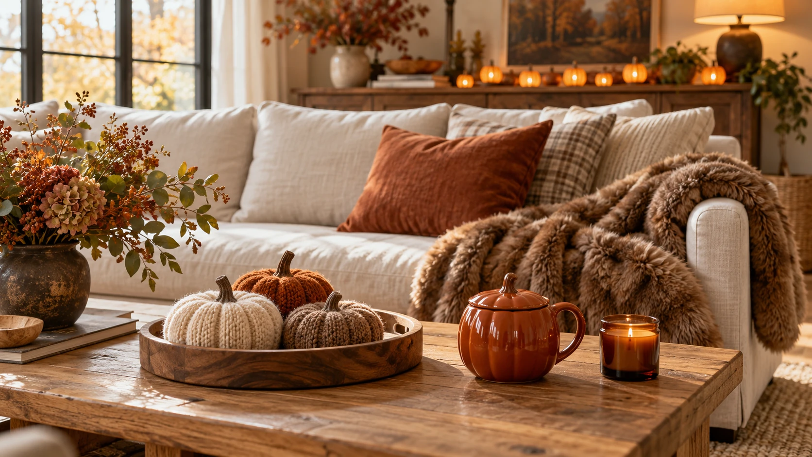 Fall decor finds styled with knit pumpkins, a pumpkin mug, a soft brown throw and glowing pumpkin lights in a cream living room.