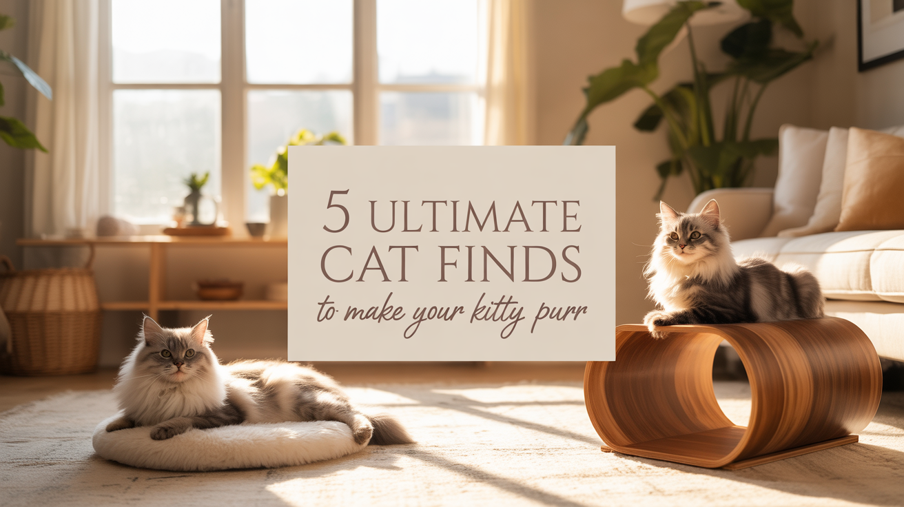 Cozy modern living room with two cats relaxing — one curled up on a soft bed near a sunny window, the other on a wood-finish cat tree, warm neutral tones and cozy home decor.