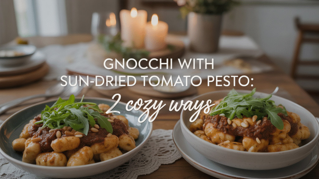 cozy tabletop scene featuring two large bowls of gnocchi with sun-dried tomato pesto, arugula, and pine nuts