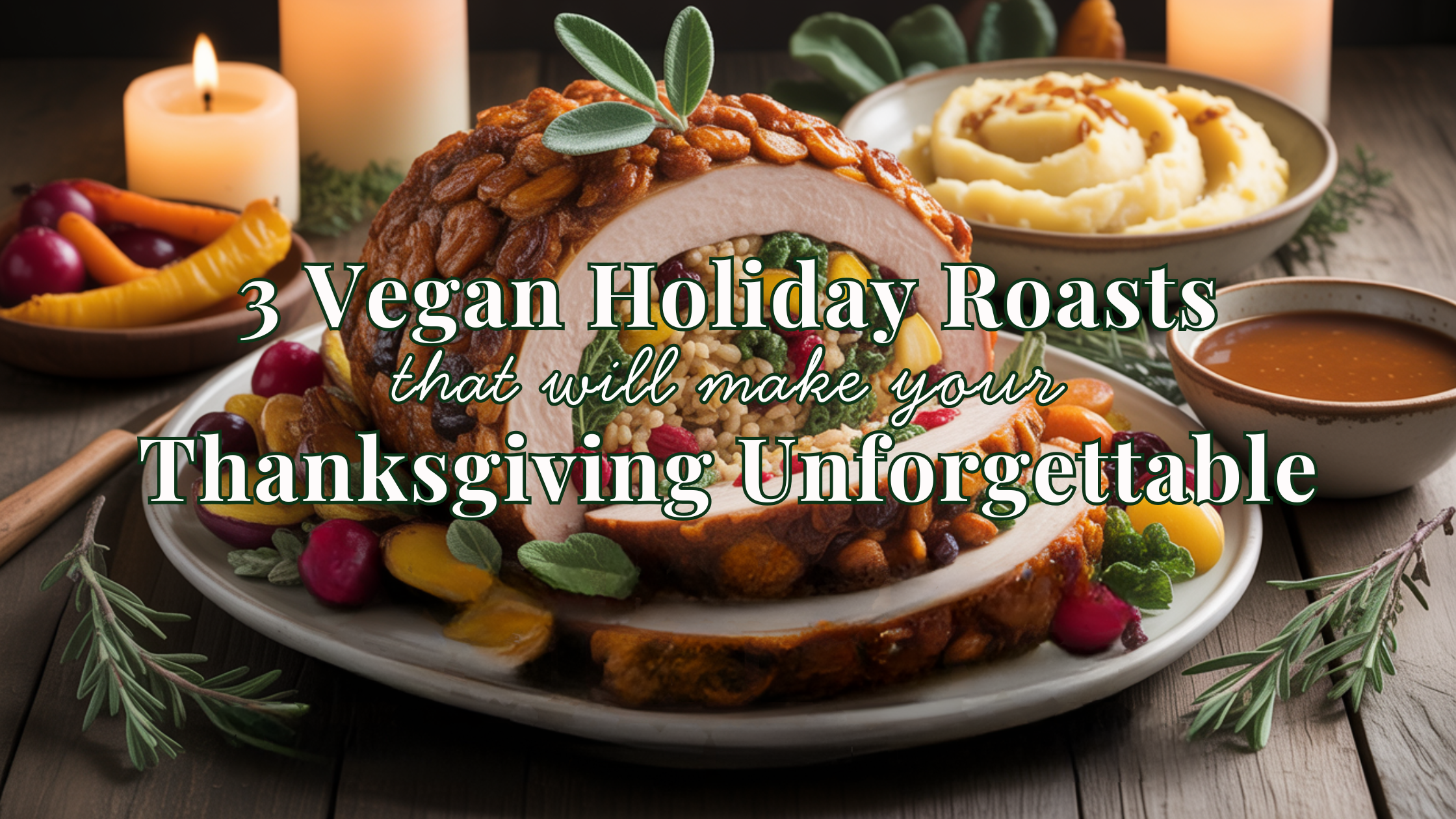 Vegan holiday roast sliced on a platter, stuffed with brown rice, cranberries, kale, and herbs, served with gravy and surrounded by cozy candlelit Thanksgiving sides