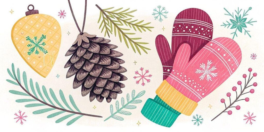 hand drawn pinecones and mittens