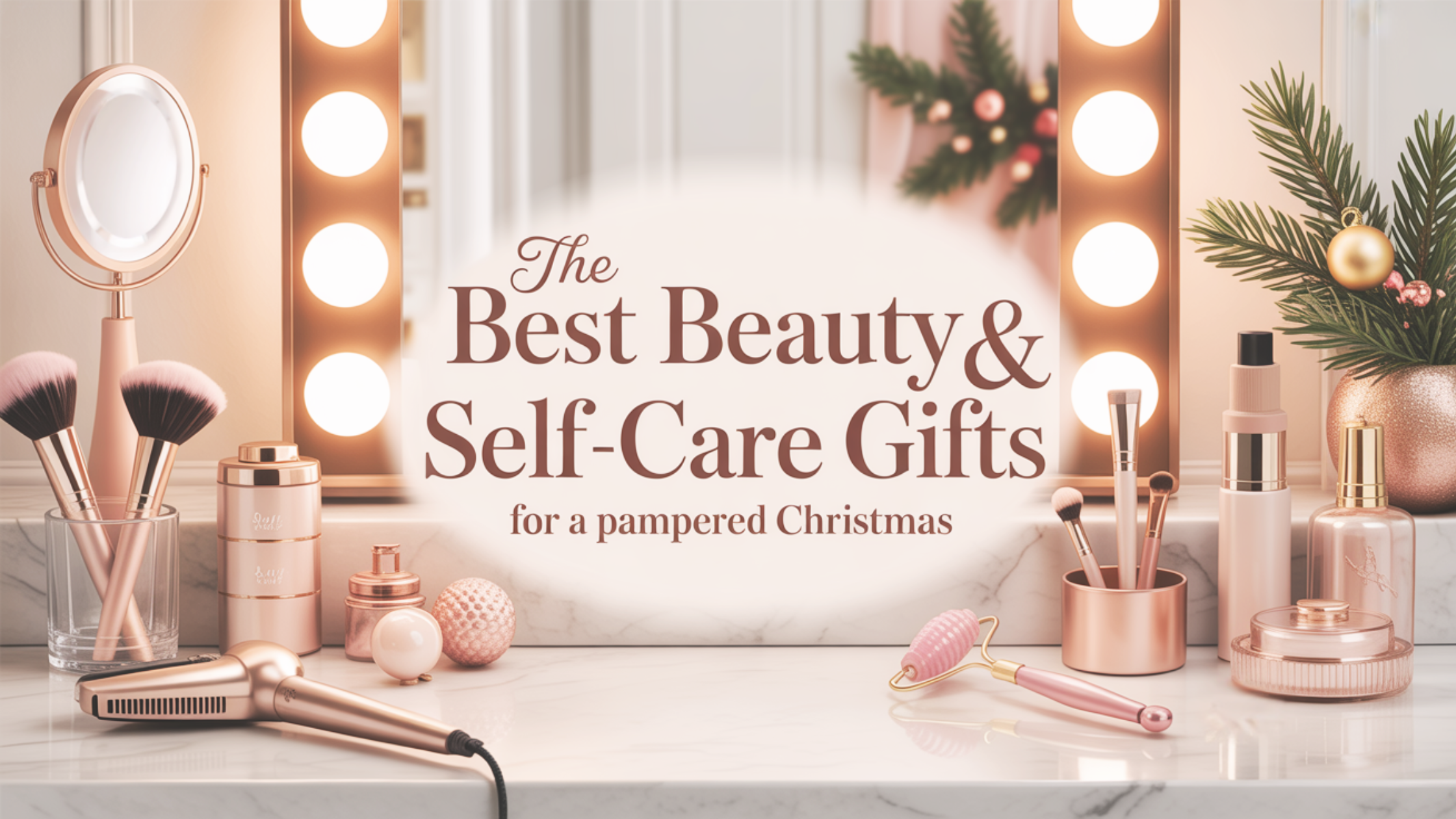 Cozy holiday vanity setup with luxury skincare, beauty tools, and Christmas decor — perfect for a pampered self-care gifting scene.