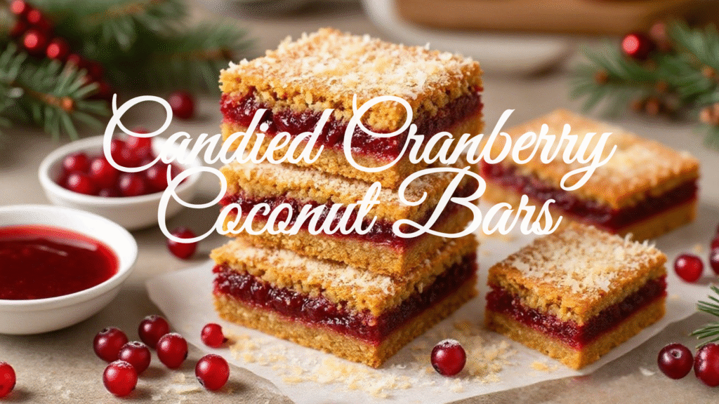 Candied cranberry coconut bars sliced on a wooden board with cranberry orange sauce and holiday decor in the background