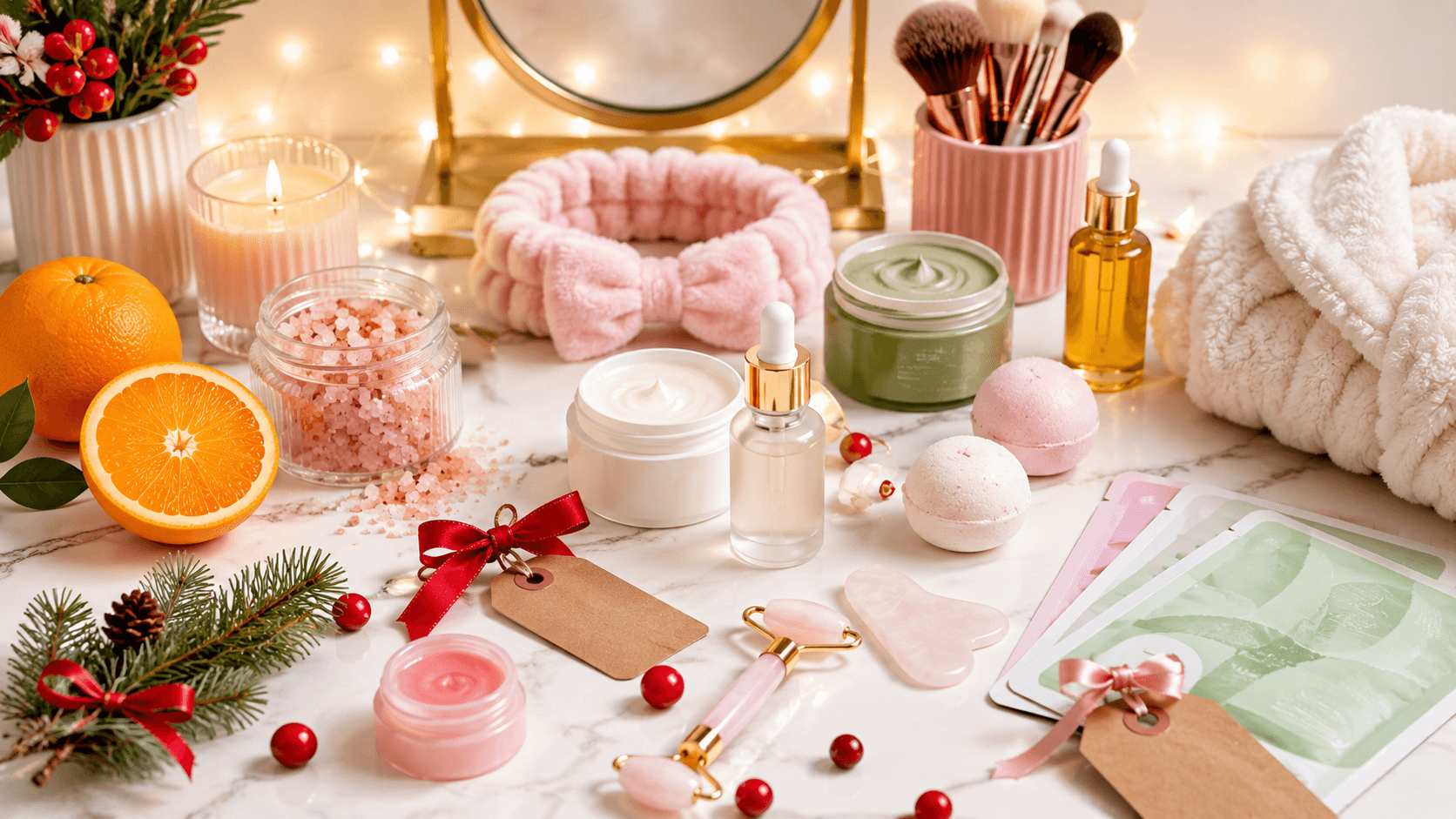 Holiday Pampering Essentials: Lush skincare, fizzy bath bombs, cozy robe & jade roller—ideal for self-care nights.