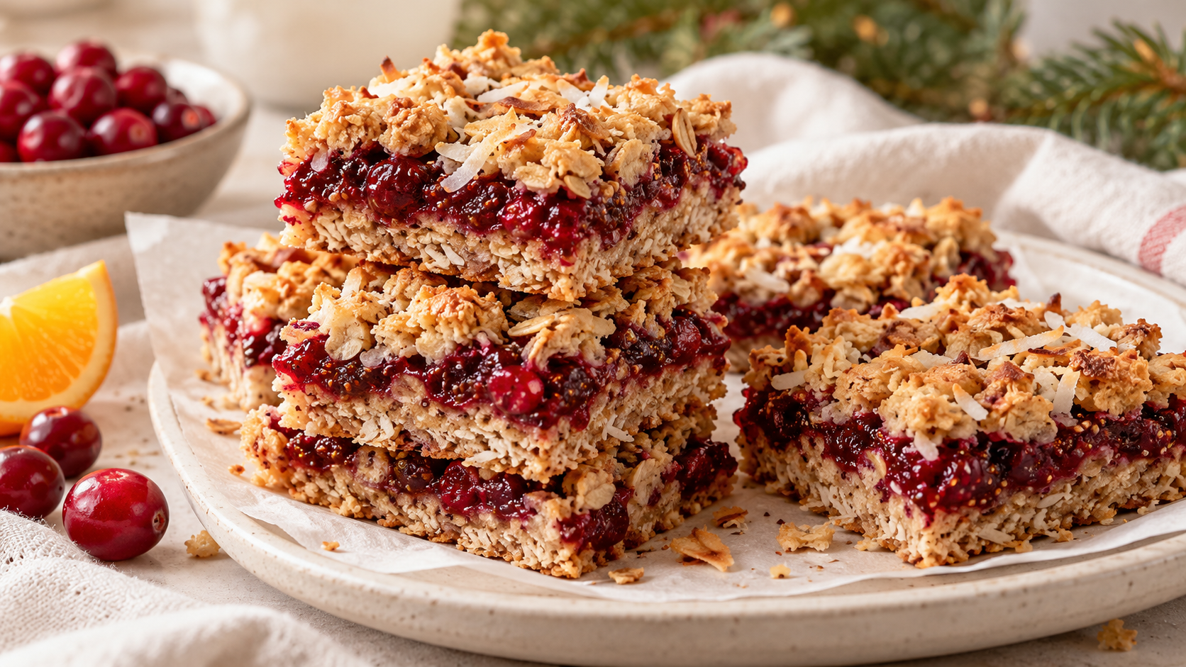 Cranberry coconut crumble bars stacked on a cream platter, with golden oat topping, ruby cranberry filling, fresh cranberries, and an orange wedge.