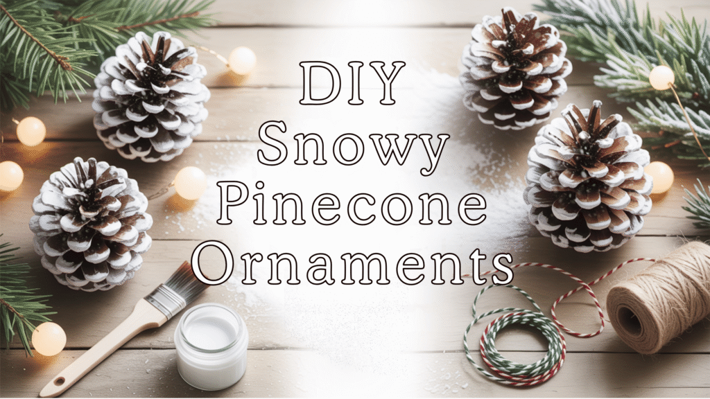 Handmade snowy pinecone ornaments with white paint, glitter, and twine on a rustic wooden surface, cozy DIY winter craft setup