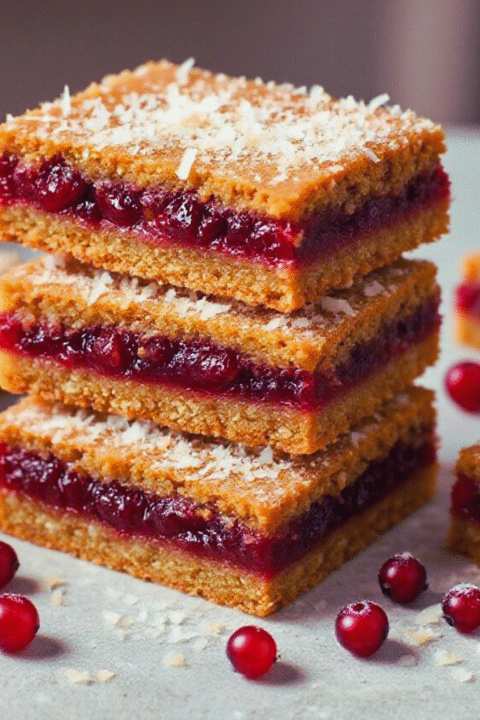 Candied cranberry coconut bars sliced on a wooden board with cranberry orange sauce and holiday decor in the background