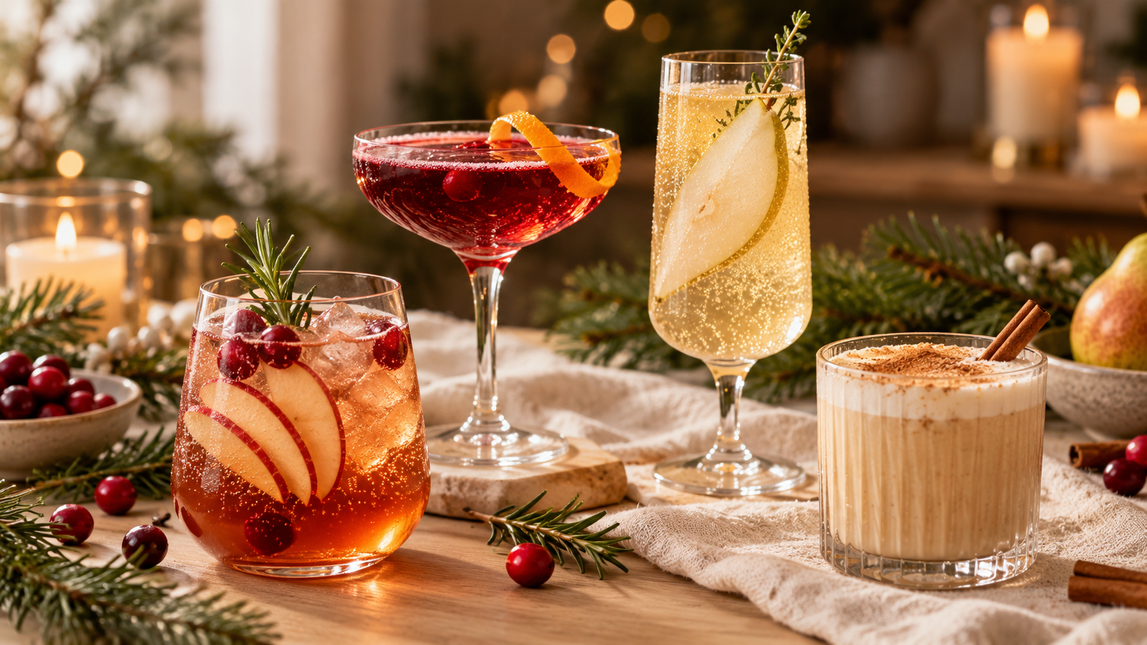 Four festive holiday mocktails with apple, cranberry, pomegranate, pear and creamy chai, arranged on an ivory linen table with evergreen sprigs and candlelight.
