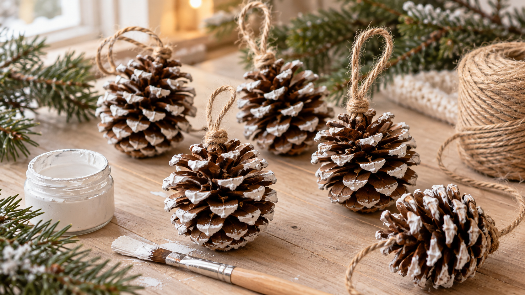 White-painted pinecone ornaments with jute hanging loops on a wooden table beside a paintbrush, white paint, twine, and evergreen sprigs.