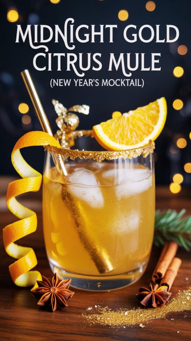 Midnight Gold Citrus Mule: Sparkling festive mocktail with gold sugar rim, spices, and zesty orange twist&mdash;ideal for celebrations. Save this idea so you can come back to it later.
