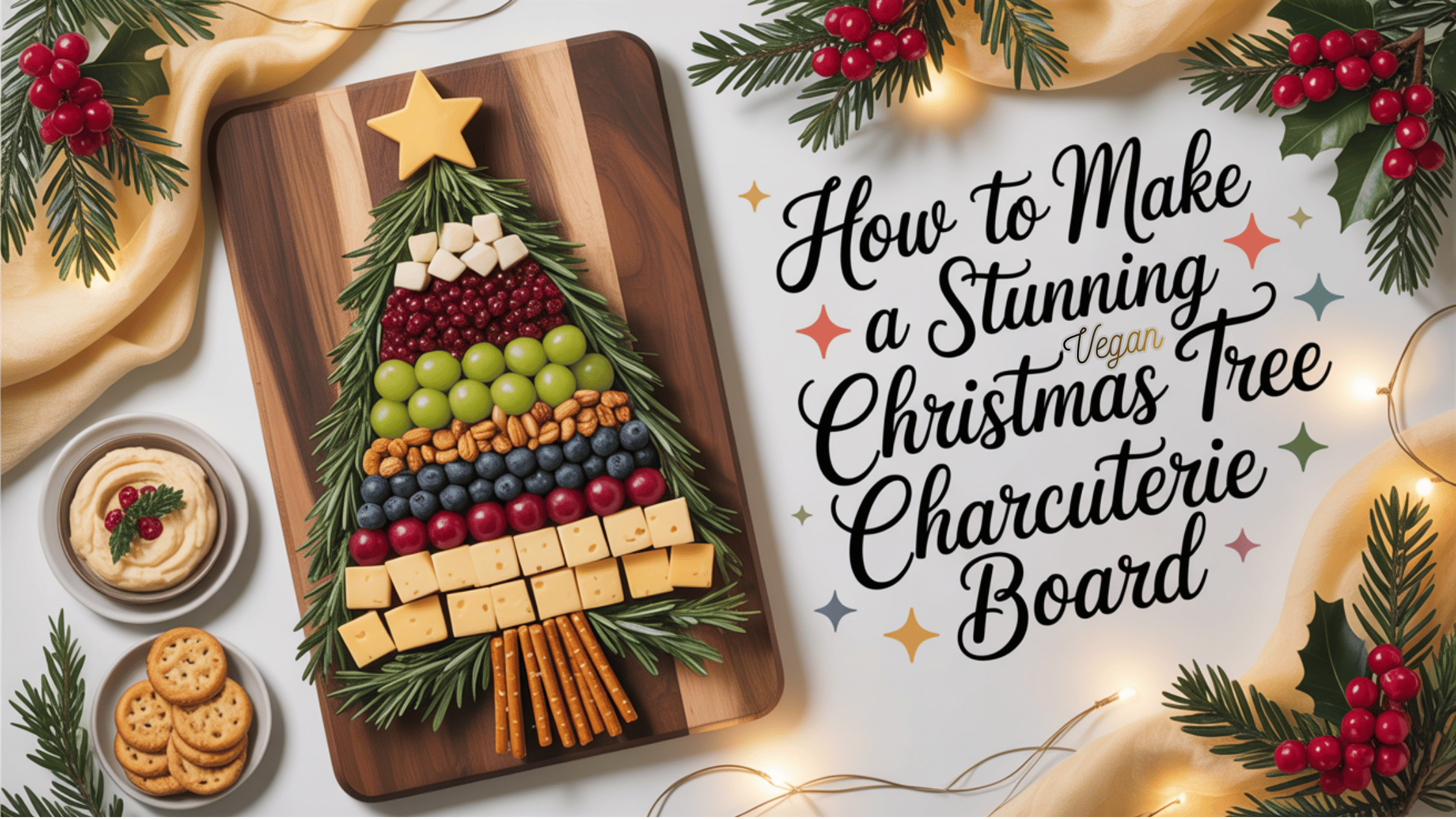 Vegan Christmas tree charcuterie board arranged on a wooden serving board with vegan cheese cubes, fruits, rosemary, and pretzel sticks, displayed on a kitchen island with holiday decor.