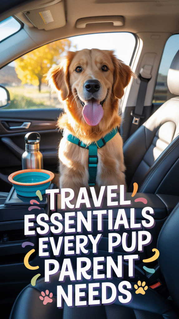 Dog travel gear including collapsible bowls and portable water bottle.