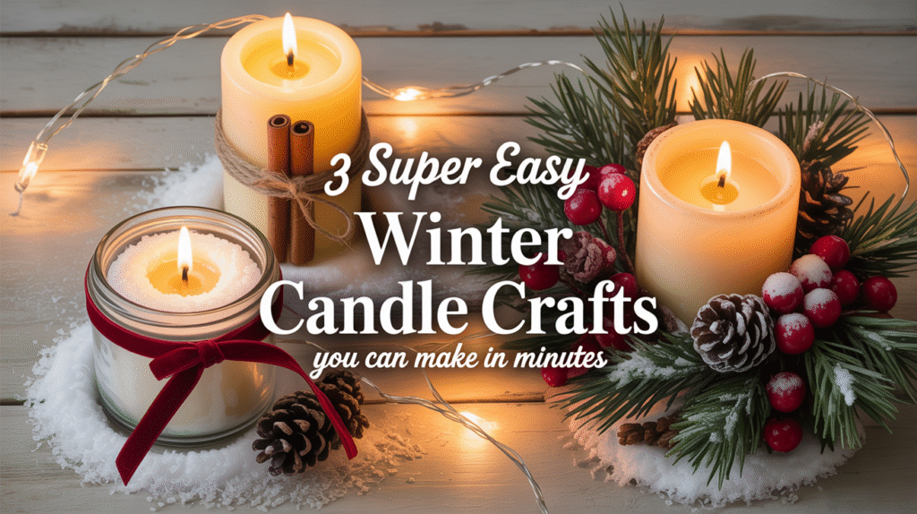 cozy winter flat lay with three different DIY candle crafts on a neutral wooden table, featuring a cinnamon stick wrapped candle tied with twine,