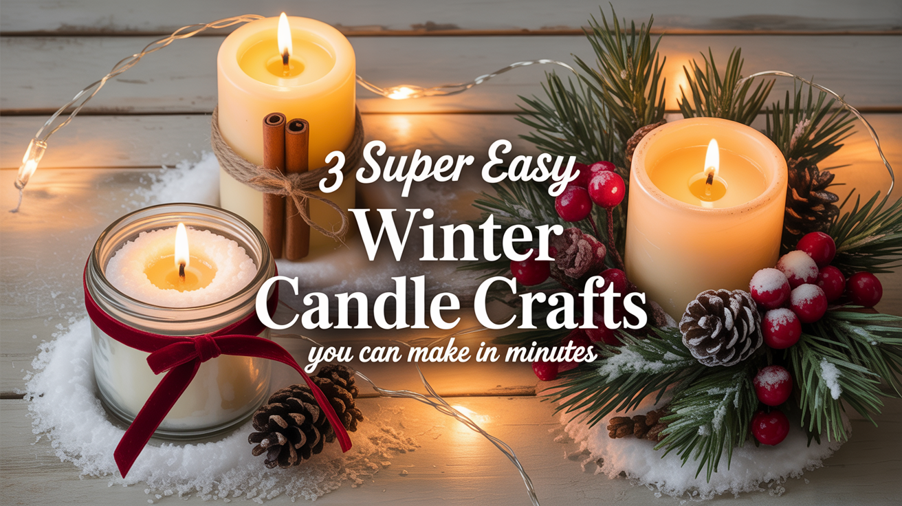 cozy winter flat lay with three different DIY candle crafts on a neutral wooden table, featuring a cinnamon stick wrapped candle tied with twine,