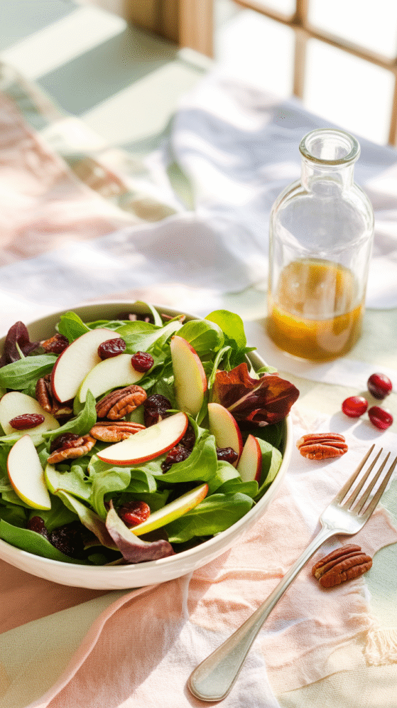 fresh green salad with dried cranberries, pecans, sliced pear, and a drizzle of maple-Dijon dressing, ceramic bowl