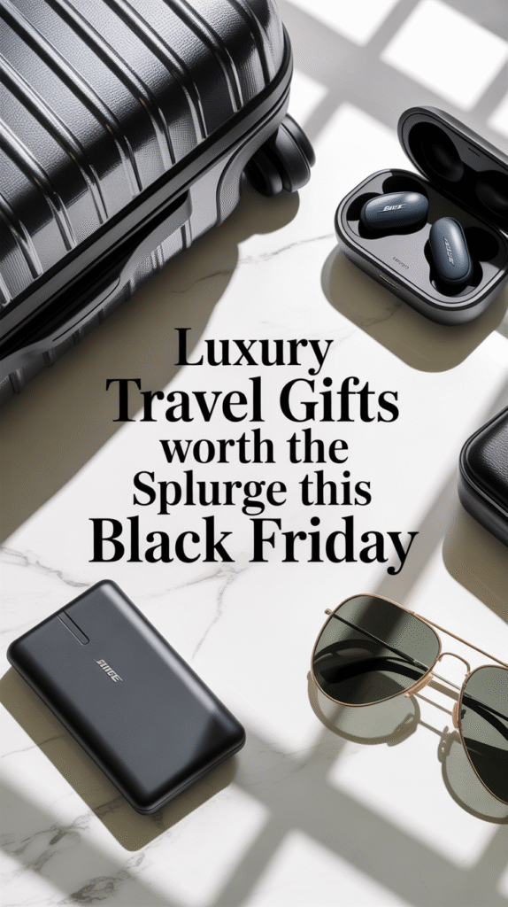 A clean, luxurious flat lay of modern travel essentials — Away suitcase, Bose QuietComfort earbuds, sleek power bank, silk sleep mask, and designer sunglasses arranged on a beige or soft gray travel background with natural daylight and subtle shadows.
