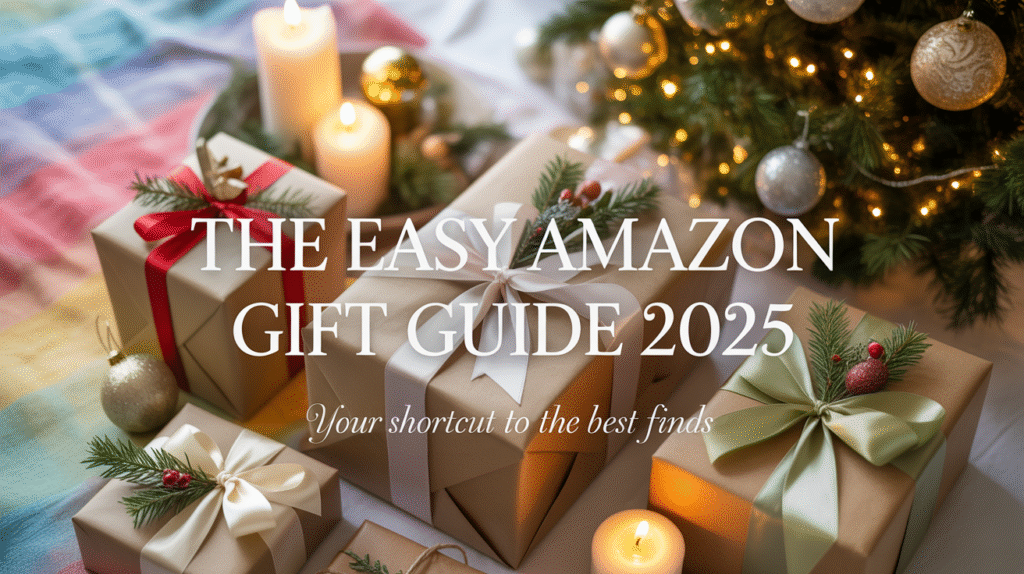 Flat lay holiday gift scene with wrapped presents, candles, and Christmas tree lights on a cozy neutral background for The Easy Amazon Gift Guide 2025.