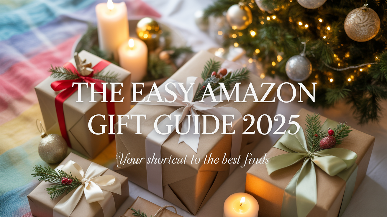 Flat lay holiday gift scene with wrapped presents, candles, and Christmas tree lights on a cozy neutral background for The Easy Amazon Gift Guide 2025.