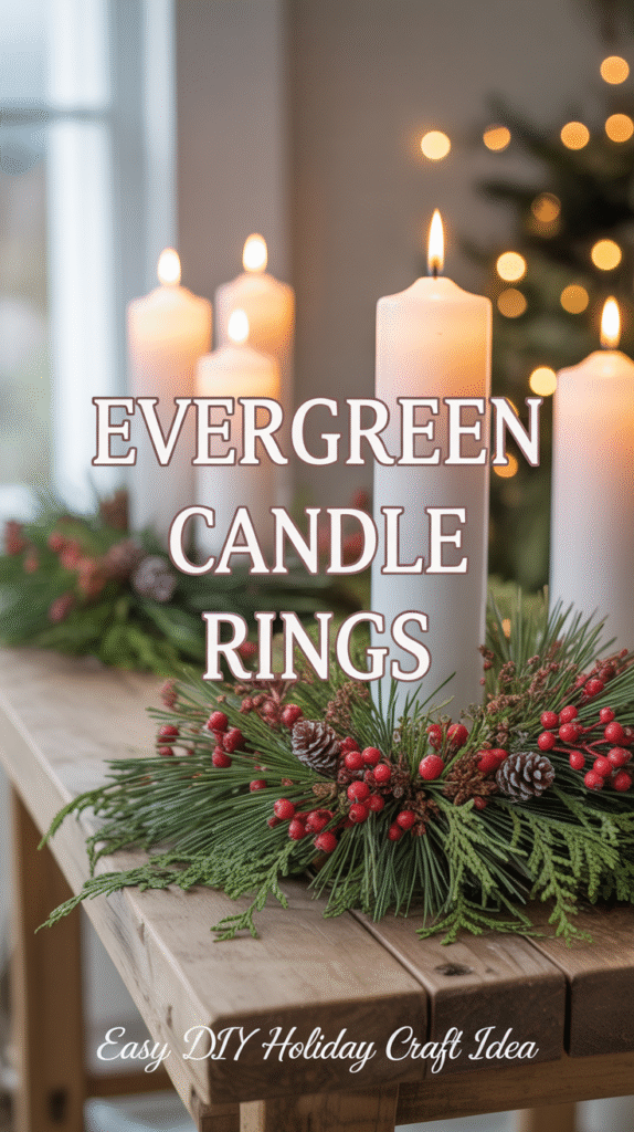 winter craft scene featuring elegant evergreen candle rings made from small pine sprigs arranged around white pillar candles, soft natural daylight, rustic wooden surface, neutral background, cozy farmhouse winter vibe, red berry accents and mini pinecones for texture