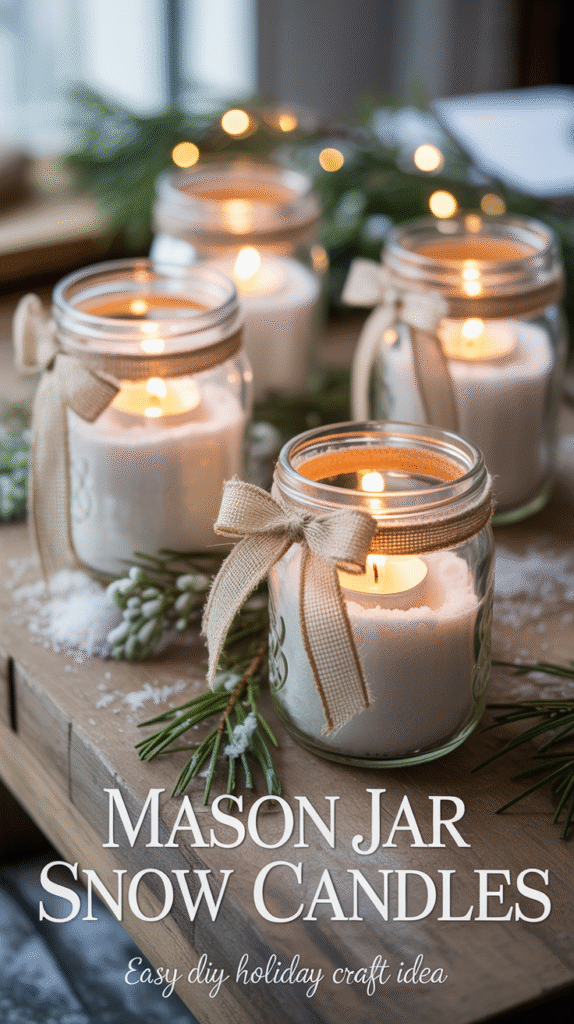 winter craft scene featuring mason jar snow candles filled with white epsom salt and small tealight candles glowing warmly inside, soft natural daylight, rustic wooden surface, touches of faux snow, ribbon tied around jar necks, gentle sparkle from glitter, cozy farmhouse winter vibe, neutral beige and white tones with pops of greenery,