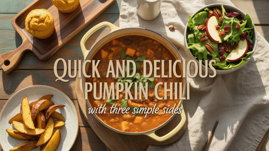 pumpkin chili, cornbread muffins on a small plate, crispy potato wedges in a bowl, and a bright green salad with maple dressing