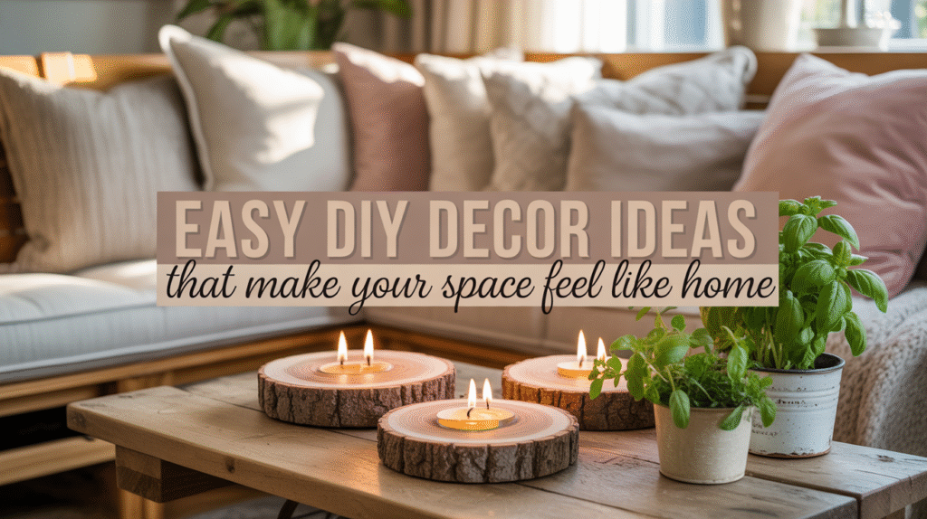 A cozy, well-lit home scene featuring a small grouping of handmade rustic wood slice candle holders with soft glowing candles, a few textured throw pillows in neutral tones (linen, beige, or cream) stacked or placed on a bench, and a mini herb garden with basil and mint growing in white pots or mason jars on a wooden surface. Add soft natural light, subtle greenery, and a calm, inviting aesthetic.