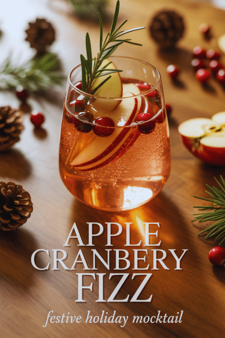 Apple Cranberry Fizz: Festive, bubbly mocktail with apple slices, cranberries, rosemary on a cozy holiday table. Save this idea so you can come back to it later.