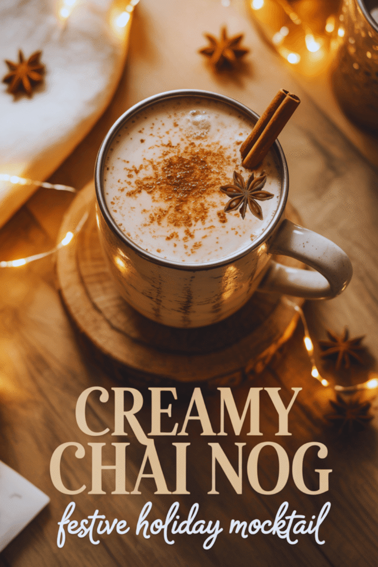Creamy Chai Nog Delight: Cozy spiced mug with cinnamon, star anise, fairy lights&mdash;ideal festive zero-proof sip. Save this idea so you can come back to it later.