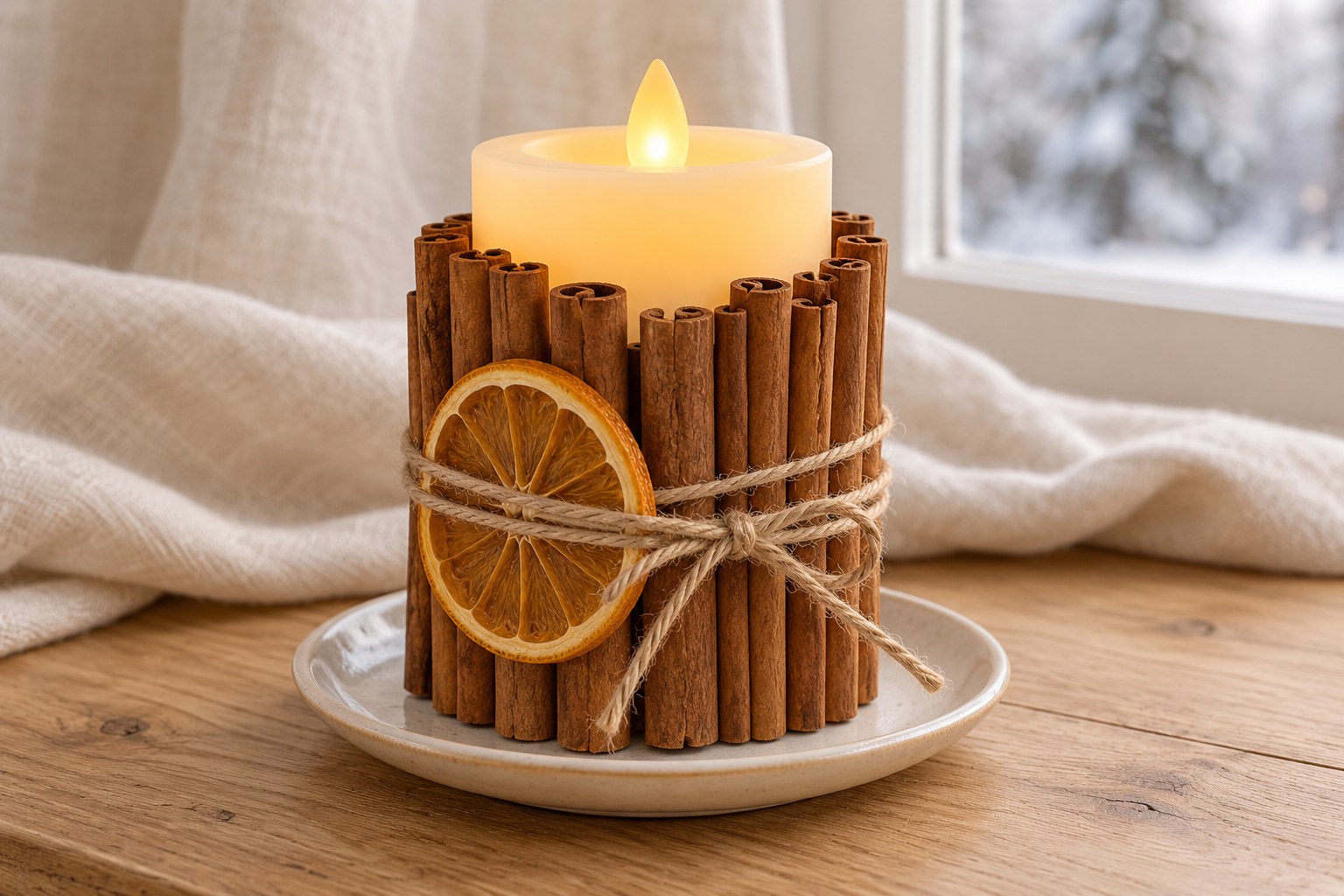 Flameless cream pillar wrapped in cinnamon sticks and twine with a dried orange slice.