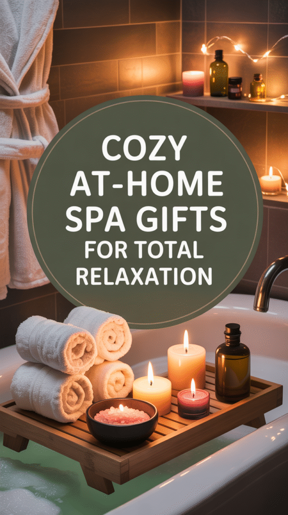 Cozy bathroom spa setup with bath salts, essential oils, fluffy white robe, rolled towels, and candles around a wooden bath tray. Soft steam, and twinkle lights for a relaxing self-care mood