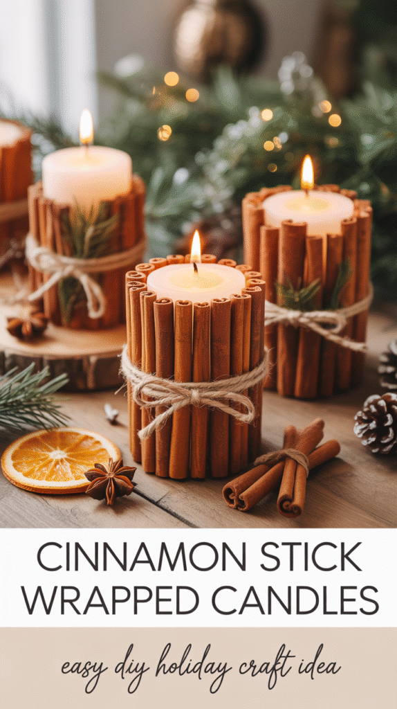 cozy winter craft scene featuring handmade pillar candles wrapped in real cinnamon sticks and tied with rustic twine bows, decorated with dried orange slices, star anise, and tiny pinecones, warm natural lighting, holiday background with gentle greenery, wooden table surface