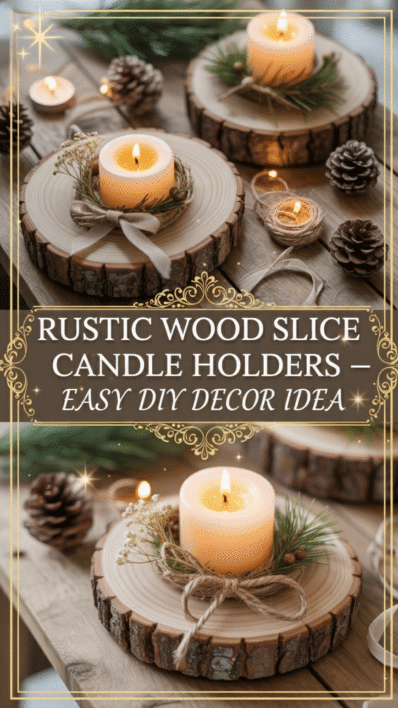 Rustic wood slice candle holders styled on a wooden tray with greenery, with a text overlay that reads “Rustic Wood Slice Candle Holders, easy DIY decor idea.”