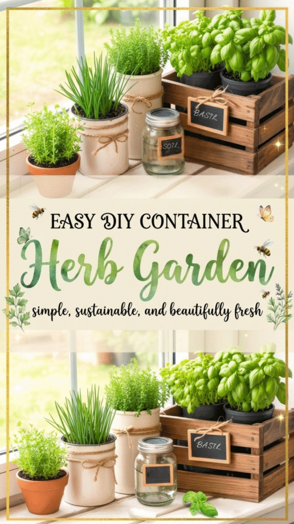 Easy DIY container herb garden with fresh herbs planted in small jars on a wooden tray, plus a text overlay that reads “Easy DIY Container Herb Garden.”