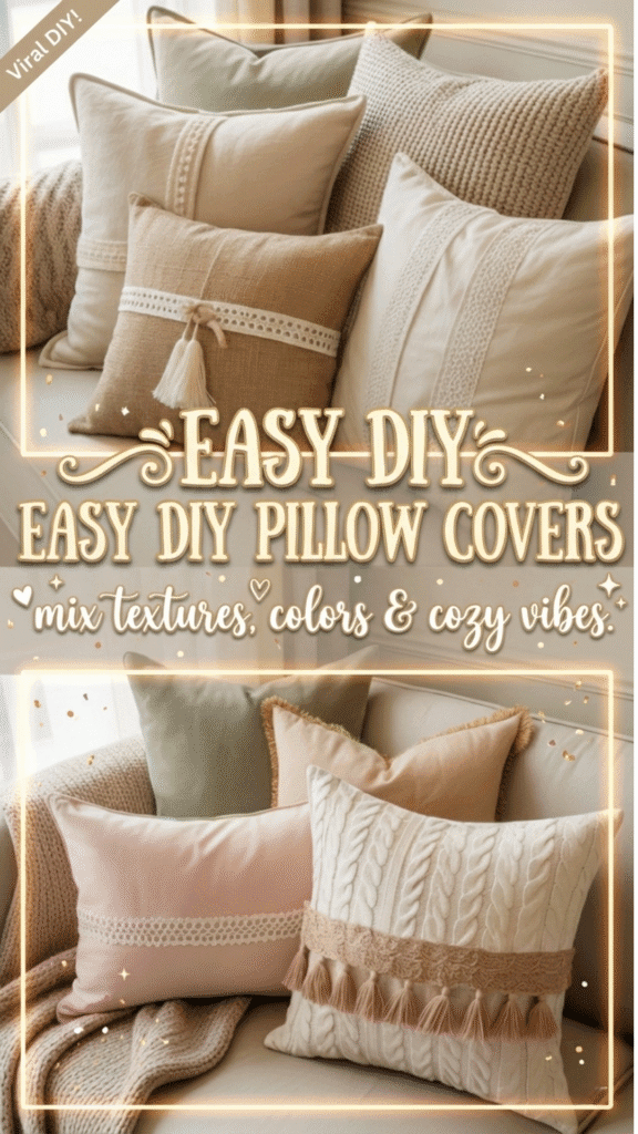 Easy DIY no sew pillow covers graphic with neutral throw pillows stacked on a sofa and a text overlay that reads “Easy DIY No Sew Pillow Covers, new textures and cozy style.”