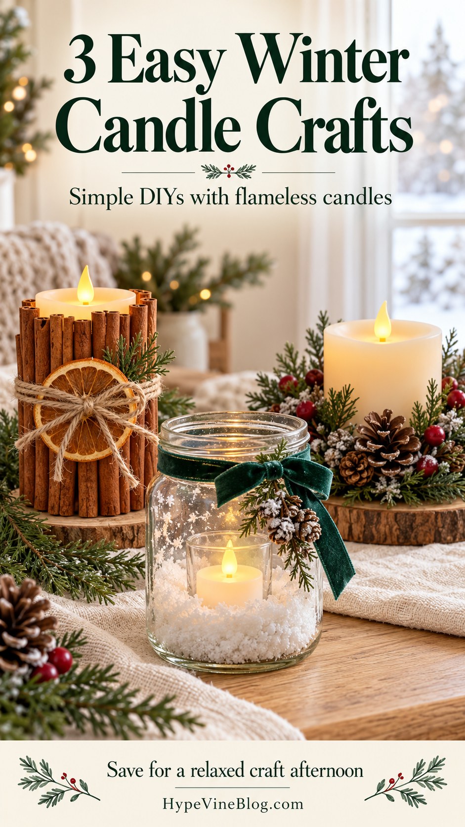 Three easy winter candle crafts using flameless candles, with cinnamon sticks, a snowy jar, and evergreen greenery.