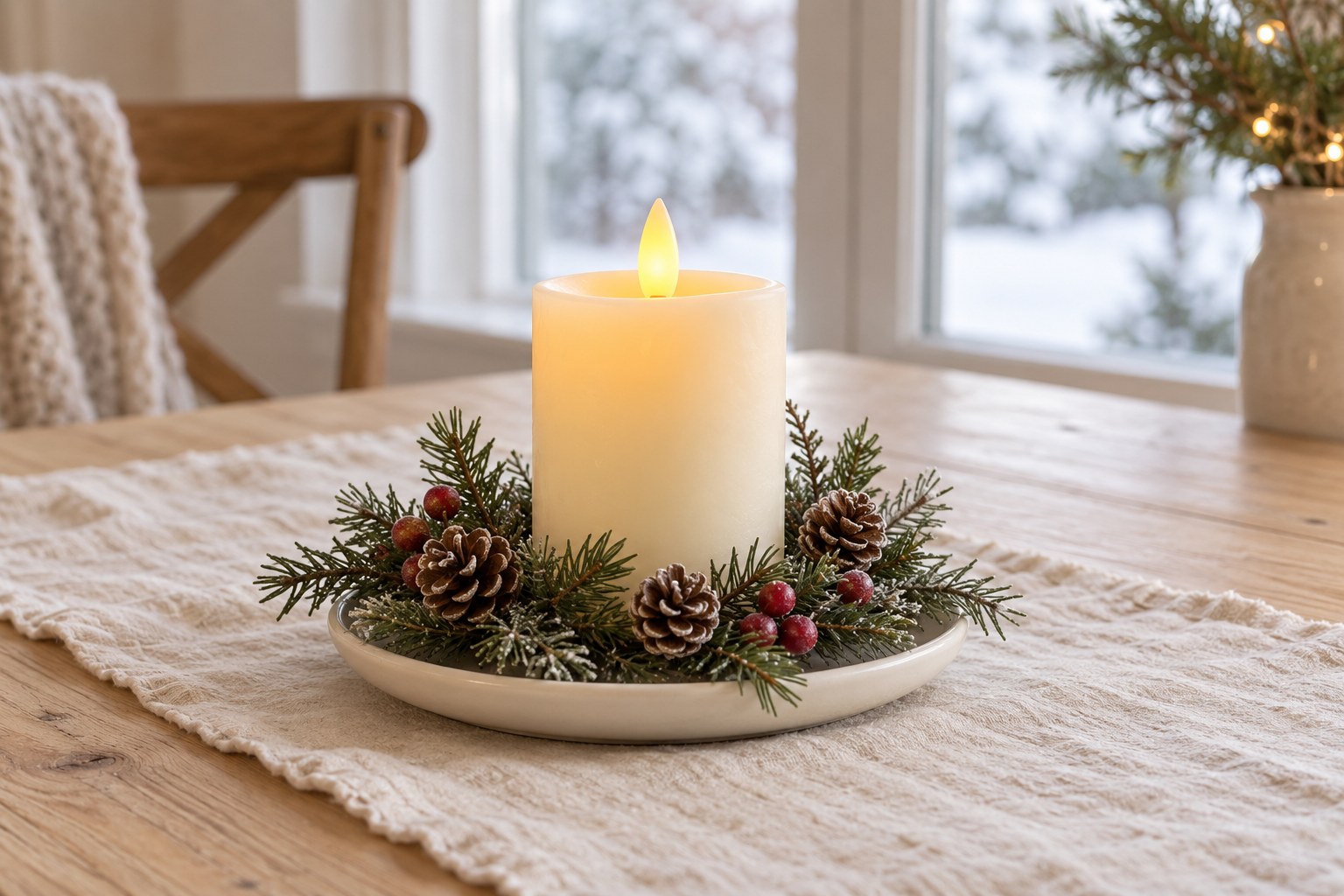 Cream LED pillar surrounded by faux evergreen sprigs, pinecones, and red berries.