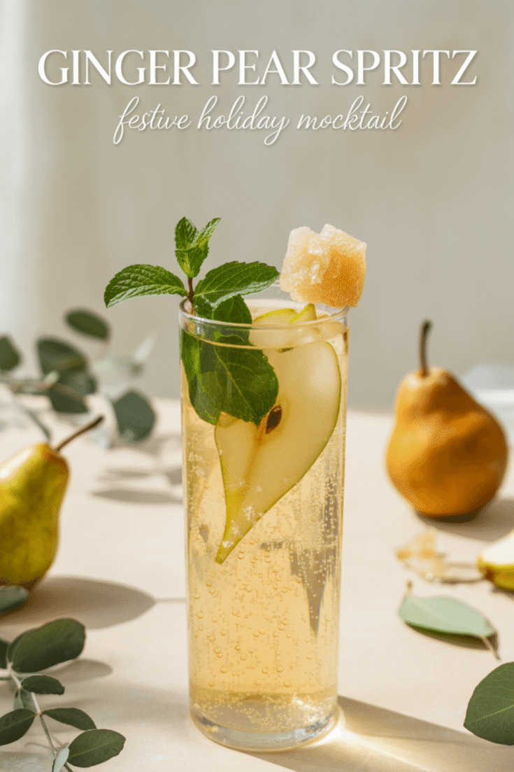 Ginger Pear Spritz: Refreshing, festive mocktail with mint, sugared cube, and juicy pears&mdash;perfect for holiday gatherings. Save this idea so you can come back to it later.