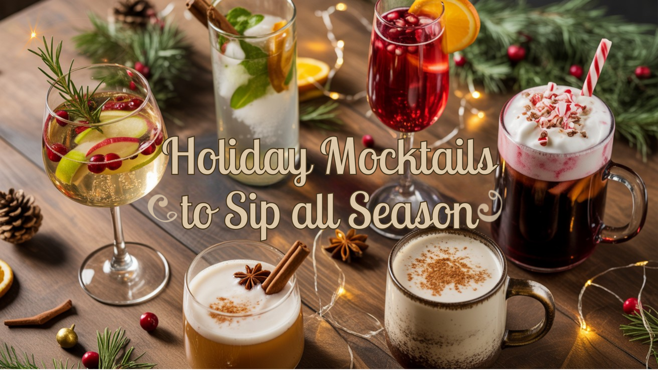 Five festive holiday mocktails on a rustic table, including cranberry fizz, pear spritz, pomegranate sparkle, chai nog, and peppermint cocoa float, with text overlay that reads ‘Holiday Mocktails to Sip All Season.