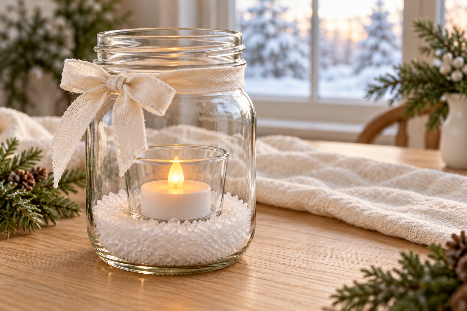 LED tea light in a glass cup inside an Epsom salt mason jar with an ivory ribbon.