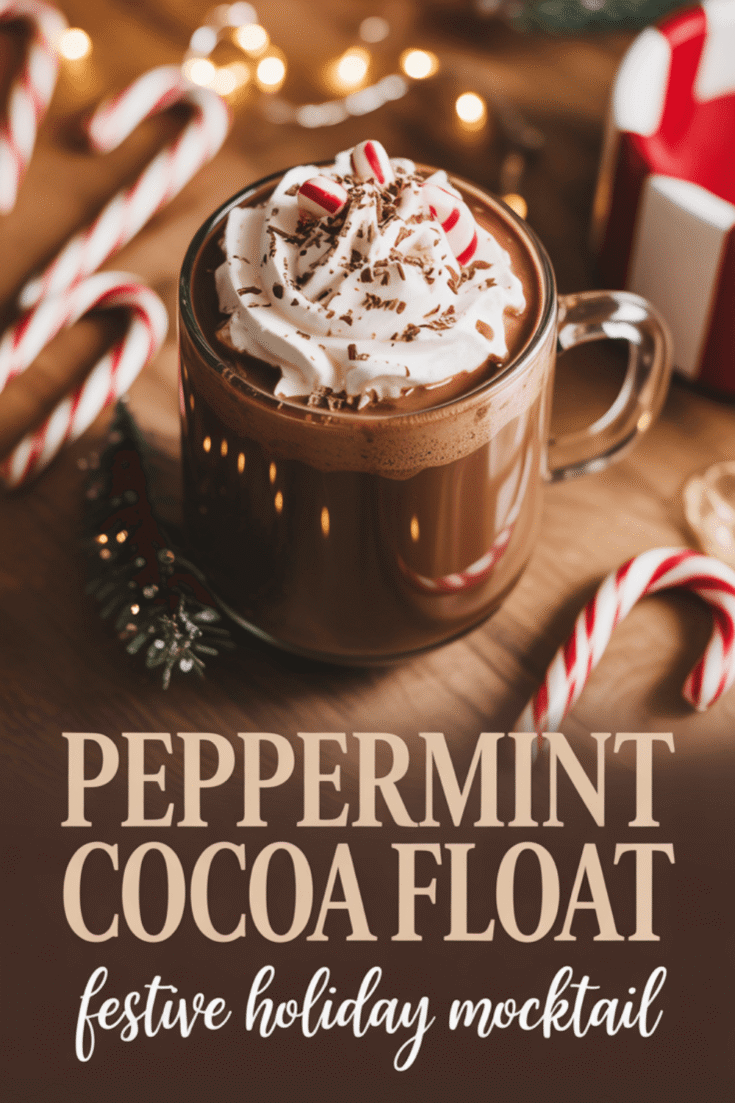 Peppermint Cocoa Float: Indulgent, creamy cocoa with fluffy whipped cream, chocolate curls, and a minty stick&mdash;holiday magic. Save this idea so you can come back to it later.
