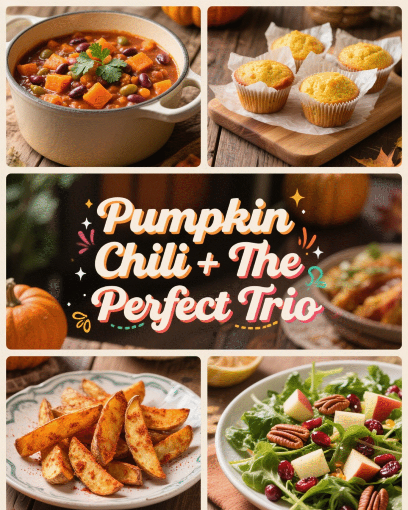 kitchen table scene with a bowl of pumpkin chili, cornbread muffins on a small board, crispy potato wedges in a parchment-lined plate, and a bright green salad with maple dressing