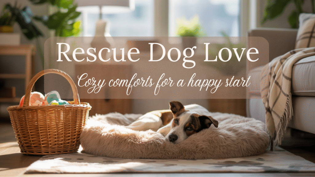 Cozy living room scene with a rescue dog resting in a soft bed beside a basket of colorful toys and a beige sofa, symbolizing comfort and calm at home.