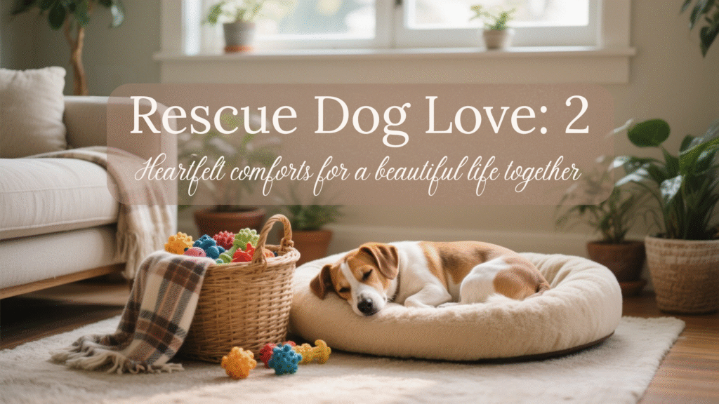 Happy rescue dog resting peacefully on a soft beige bed with cozy blankets and toys nearby, symbolizing love, comfort, and a beautiful life together.