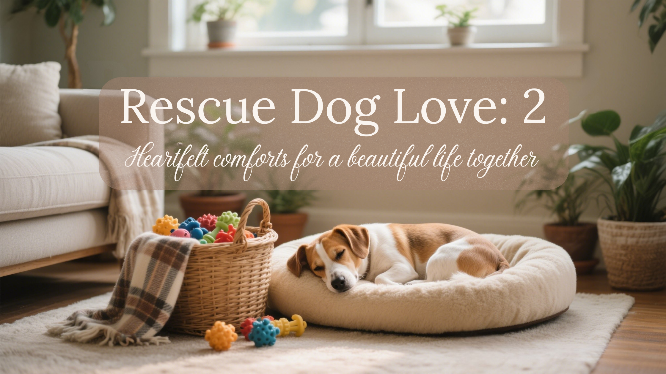 Happy rescue dog resting peacefully on a soft beige bed with cozy blankets and toys nearby, symbolizing love, comfort, and a beautiful life together.
