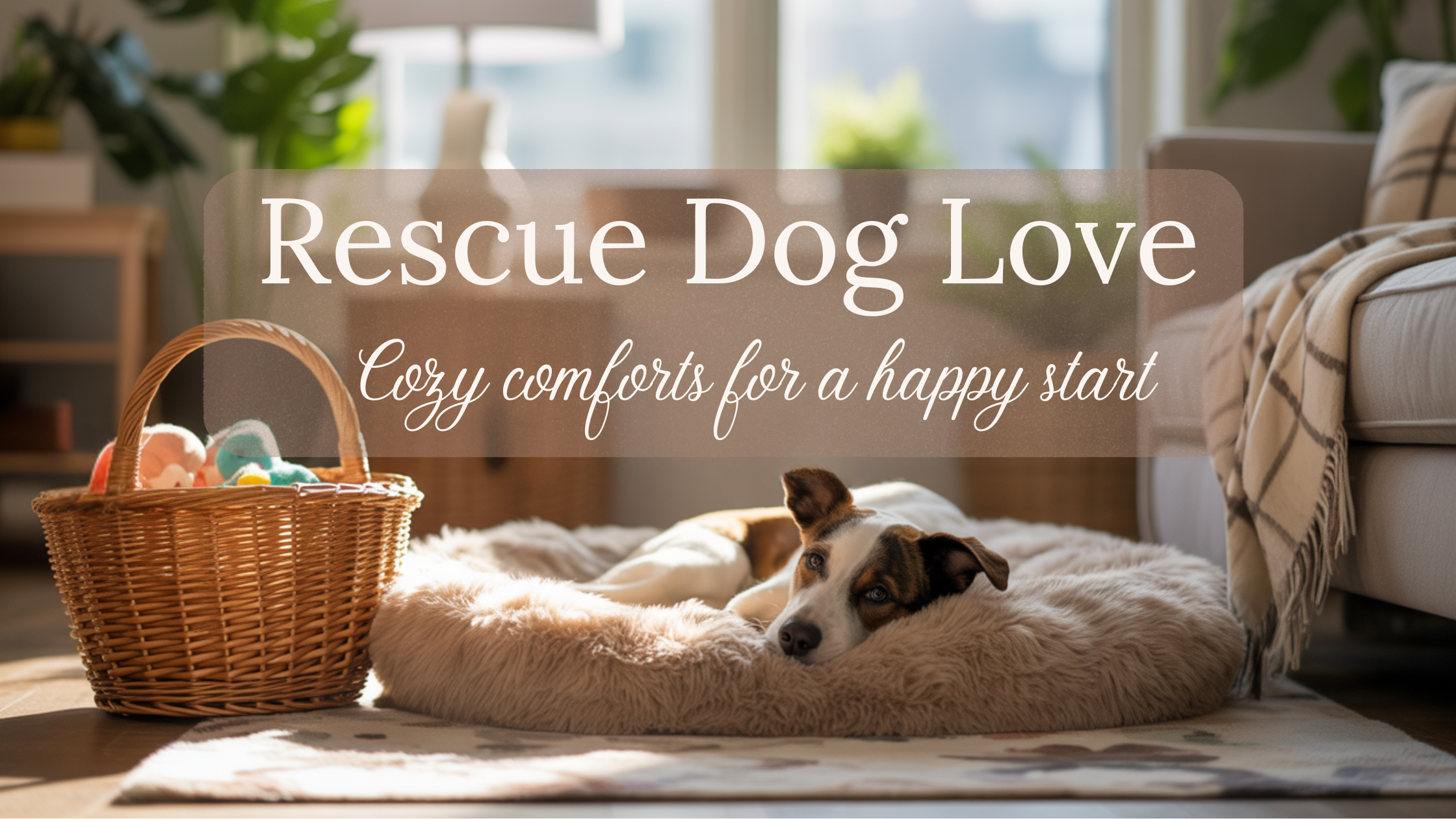 Cozy living room scene with a rescue dog resting in a soft bed beside a basket of colorful toys and a beige sofa, symbolizing comfort and calm at home.