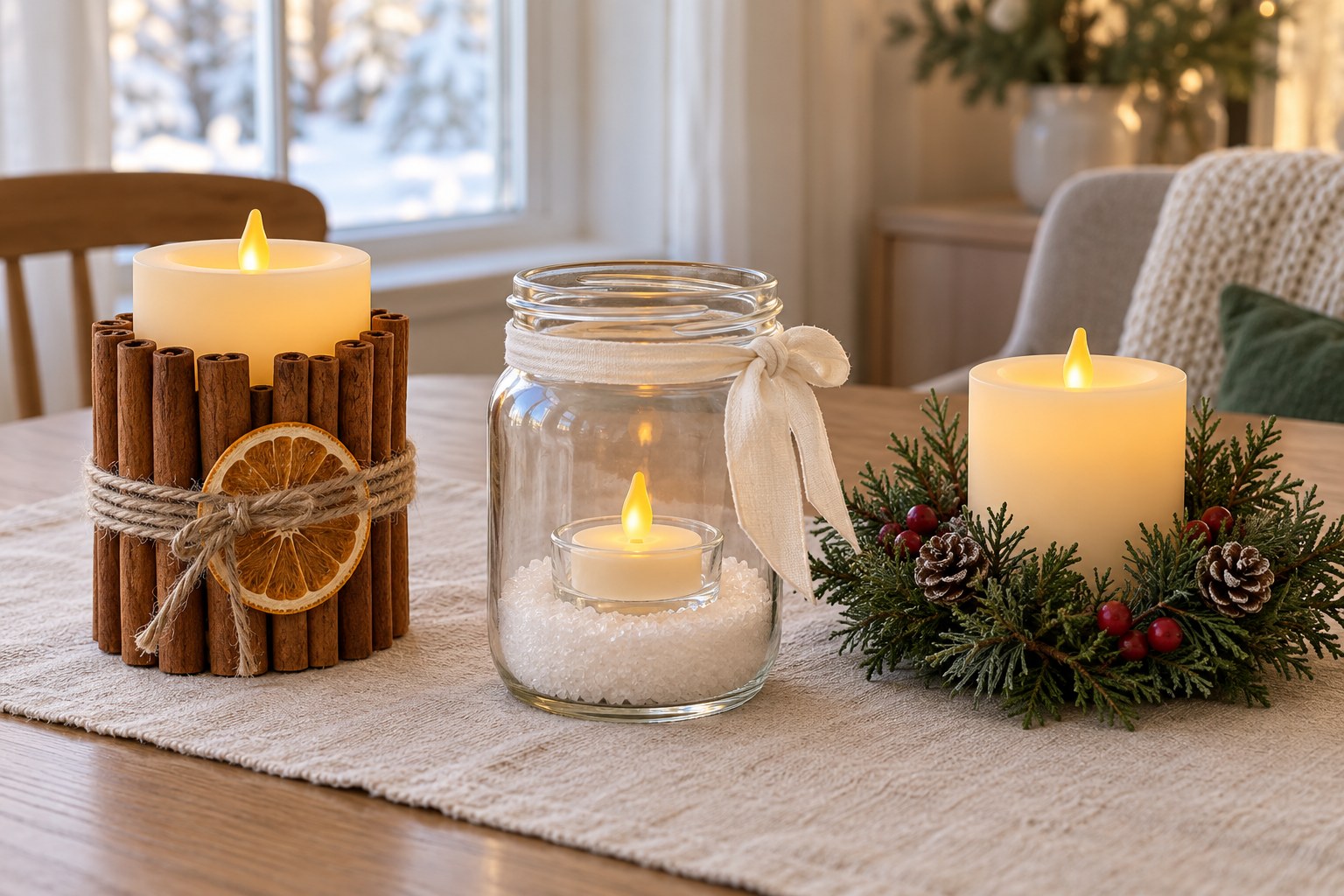 Easy winter candle crafts with a cinnamon-wrapped LED pillar, snowy mason jar light, and evergreen candle ring.