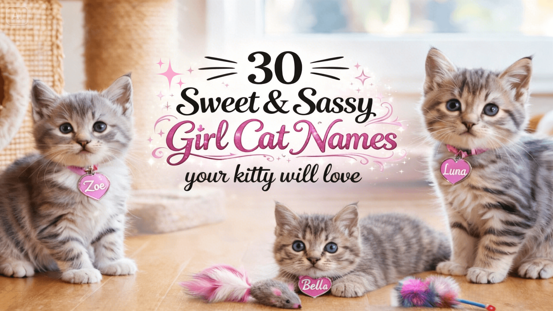 Cover image for blog post titled &ldquo;30 Sweet &amp; Sassy Girl Cat Names Your Kitty Will Love,&rdquo; featuring a cute girl cat with feminine, cozy colors and playful text.
