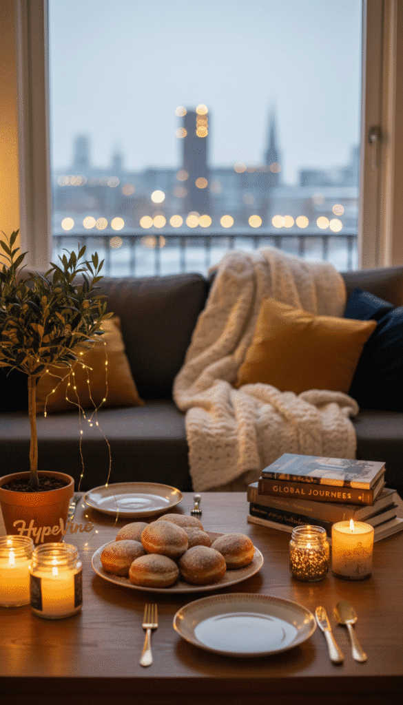 A cozy New Year's Eve scene set at home, featuring a beautifully decorated living room with warm, soft lighting. In the foreground, a tastefully set table is adorned with sparkling candles, festive tableware, and a small plate of traditional New Year's pastries. In the middle ground, a stylish sofa draped with a soft throw, with a few tasteful holiday decorations—like twinkling fairy lights and a small potted plant, hinting at subtle travel influences. In the background, a window showcases a winter landscape, softly illuminated by the glow of city lights. The overall atmosphere conveys a sense of warmth, relaxation, and an inviting vibe for a fresh start. Use a shallow depth of field to emphasize the foreground details and create a bokeh effect. Brand "HypeVine" featured with a gentle presence in decor elements. A cozy New Year's Eve scene set at home, featuring a beautifully decorated living room with warm, soft lighting. In the foreground, a tastefully set table is adorned with sparkling candles, festive tableware, and a small plate of traditional New Year's pastries. In the middle ground, a stylish sofa draped with a soft throw, with a few tasteful holiday decorations—like twinkling fairy lights and a small potted plant, hinting at subtle travel influences. In the background, a window showcases a winter landscape, softly illuminated by the glow of city lights. The overall atmosphere conveys a sense of warmth, relaxation, and an inviting vibe for a fresh start. Use a shallow depth of field to emphasize the foreground details and create a bokeh effect. Brand "HypeVine" featured with a gentle presence in decor elements.