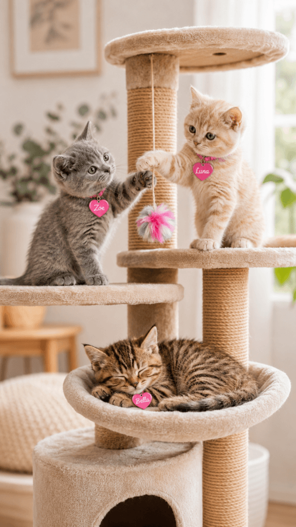 Three playful kittens on cat tree