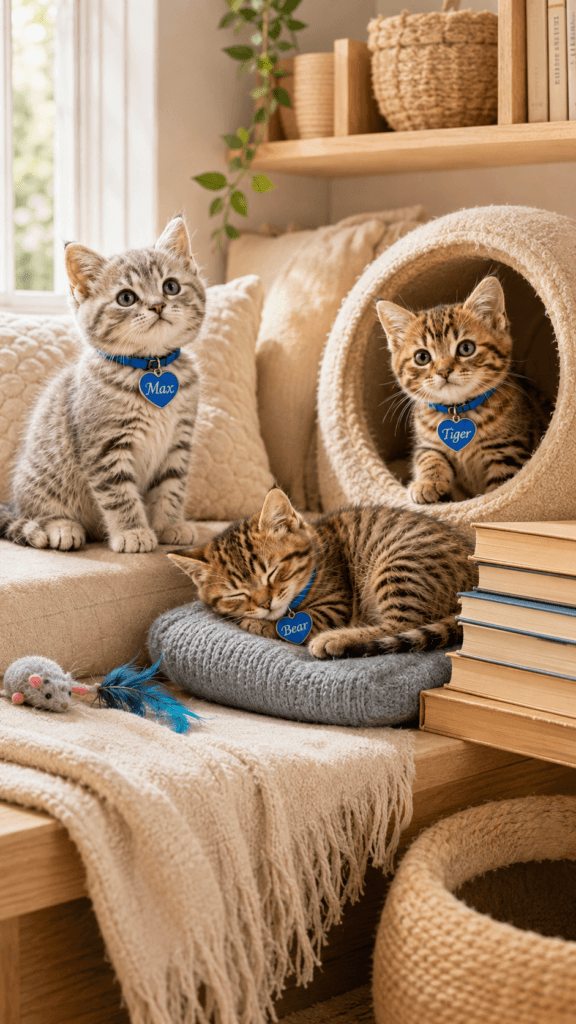 Three adorable kittens in cozy setting.